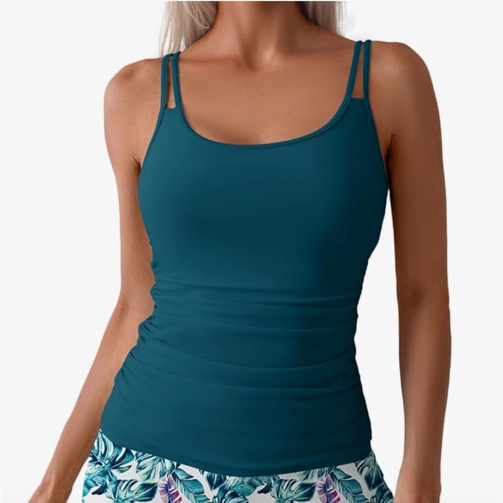 🍾NWT Eomenie Tropical Leaf Print Shorts and Blue Tankini Set, Size XL - Picture 2 of 9